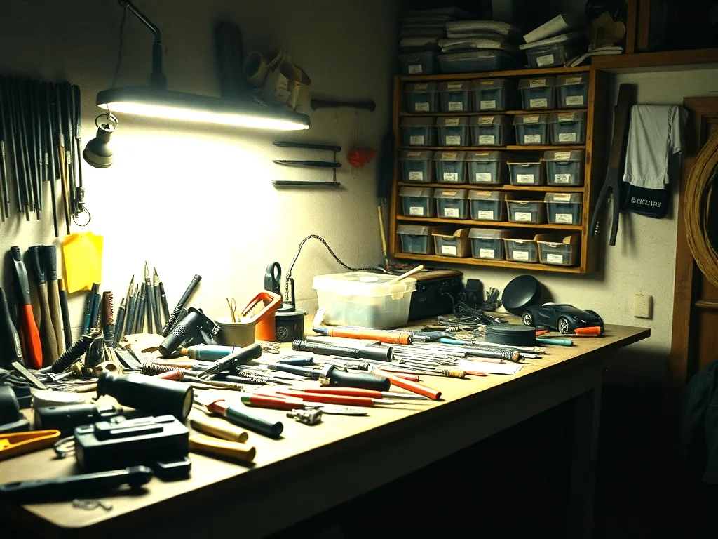 A crowded workbench under a strip lamp, hand tools laid across it and a rack of small parts bins on the wall behind