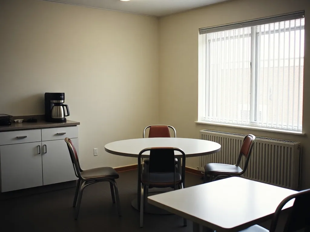 A plain break room with a round laminate table, mismatched chairs and a coffee maker on the counter, vertical blinds half drawn