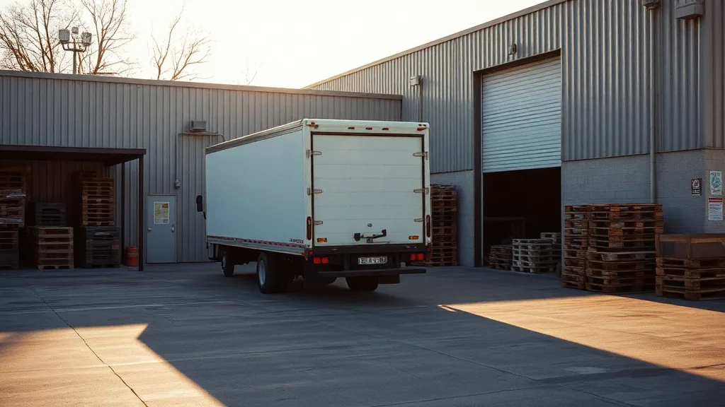 A box truck parked nose out in a small business yard at the end of the day, stacked pallets against the metal building and low sun across the concrete